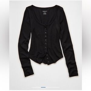 American Eagle black waffle long sleeve button up tee